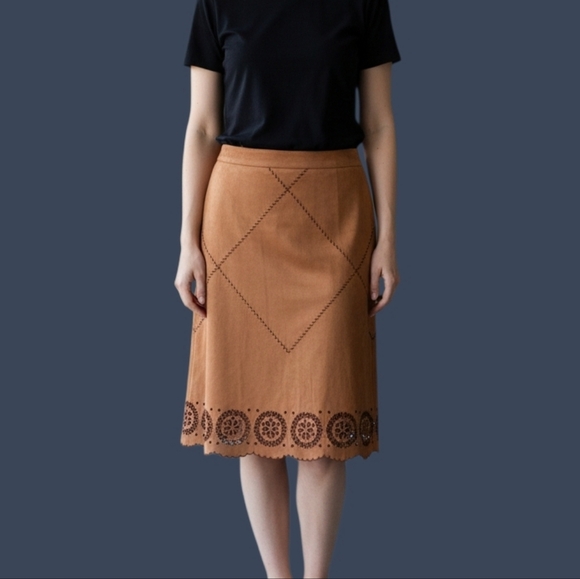 Ecologie Dresses & Skirts - ECOLOGIE Tan Faux Suede Patchwork Scalloped Floral Cutout Skirt